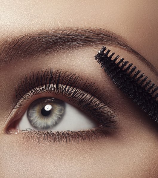 Studio shot of young beautiful woman on dark background. Professional make up and hair style.